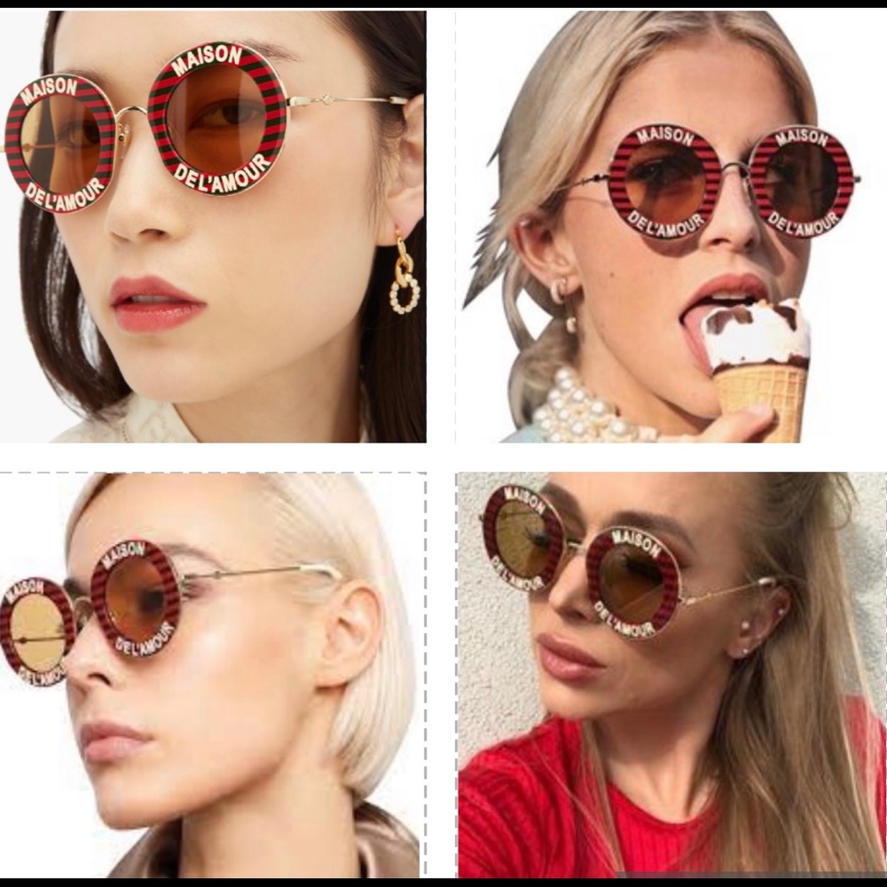 CELEB’S FAV GUCCI MAISON DEL’ AMOUR  ROUND DARK GREEN AND RED STRIPES SUNGLASSES - Picture 15 of 16